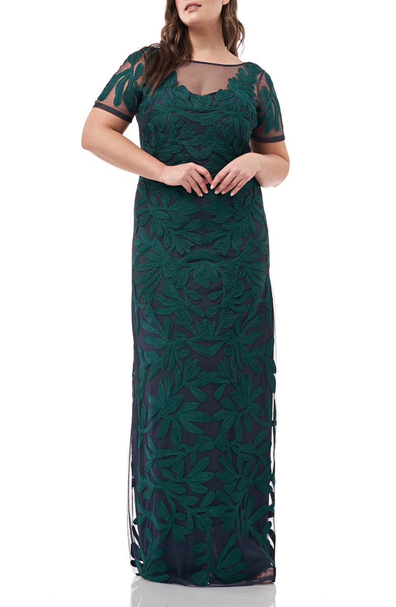 JS COLLECTIONS Illusion Soutache Column Gown, Main, color, JADE NAVY