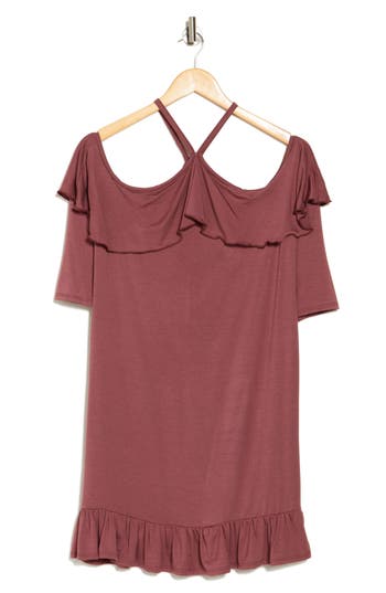 Go Couture Ruffled Cold Shoulder Dress In Crushed Berry
