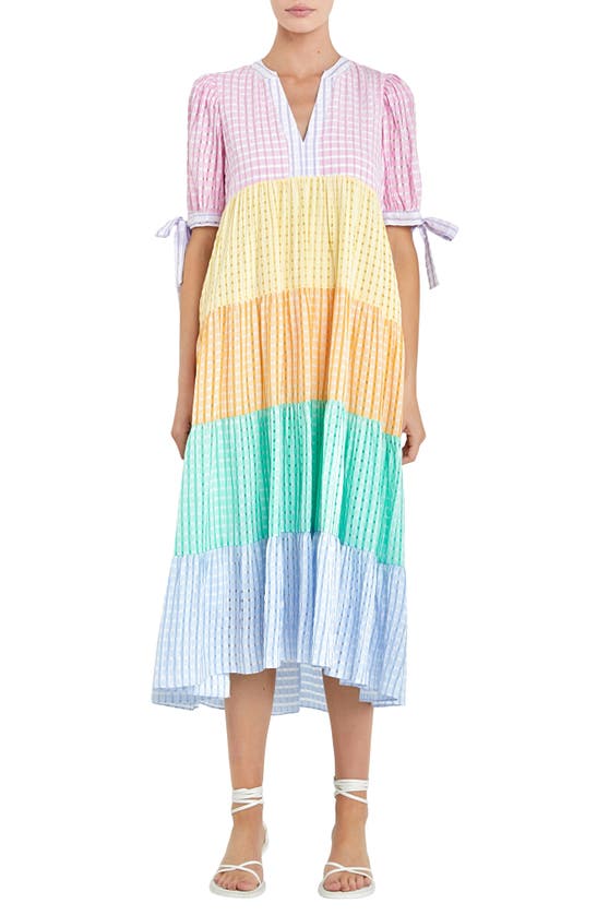 English Factory Colorblock Gingham Bow Sleeve Midi Dress In Pink Multi
