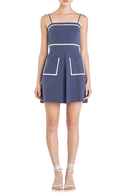 English Factory Rickrack Trim Sleeveless Linen & Cotton Minidress In Navy