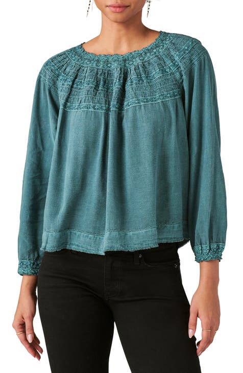 Lucky Brand Womens Shirt Small Petite Blue Paisley Long Sleeve Peasant Top  NEW 