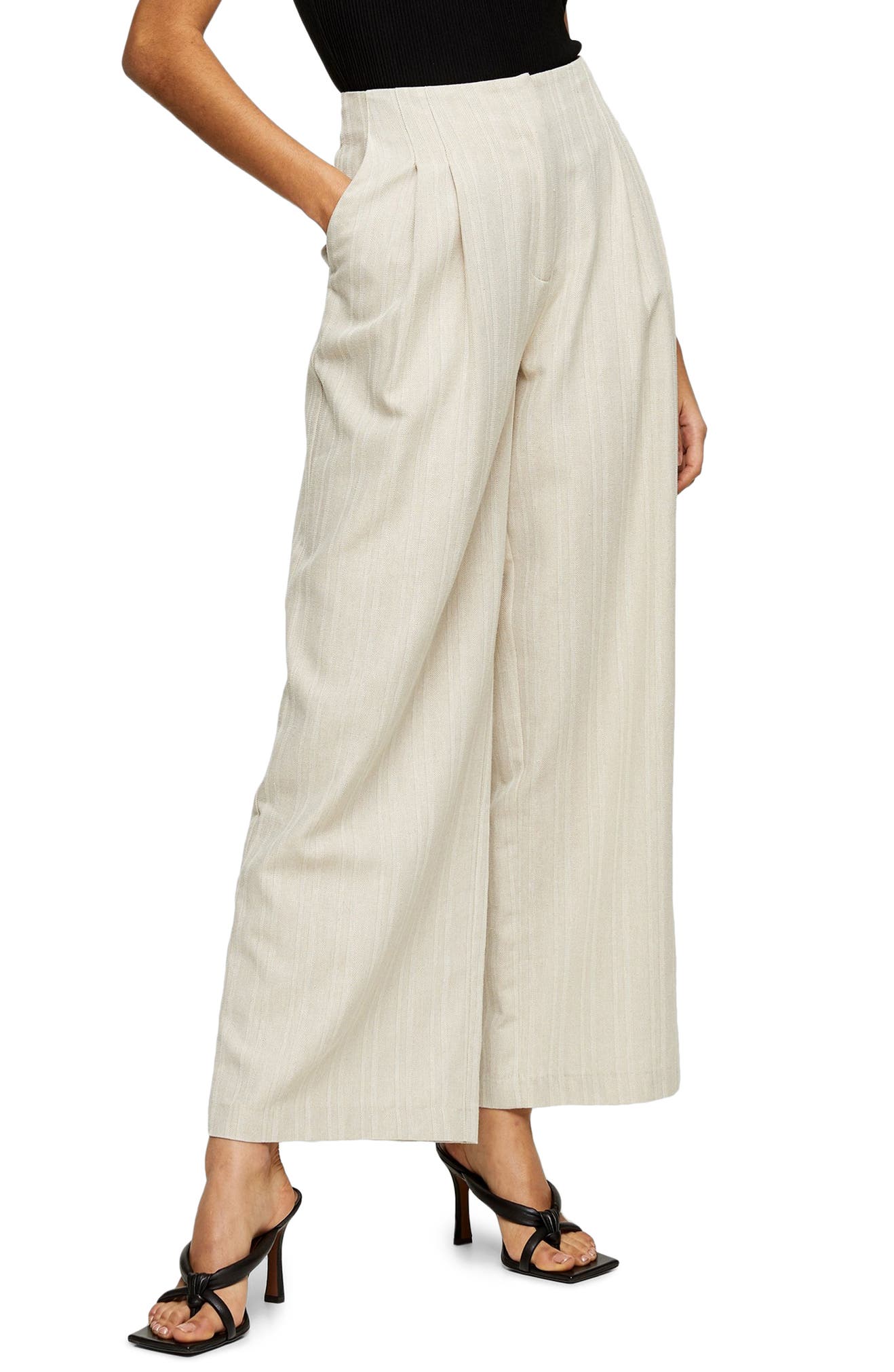 TOPSHOP Herringbone Linen Wide Leg Trousers, Main, color, OATMEAL