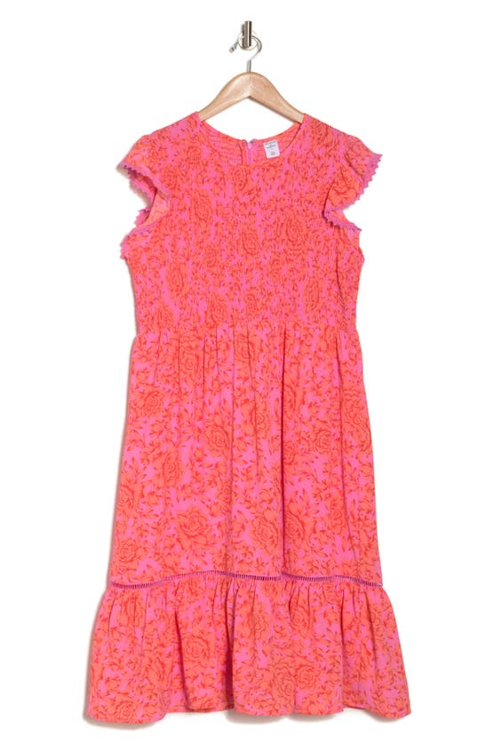 Shop Melrose And Market Smocked Flutter Sleeve Midi Dress In Pink- Orange Rose Garden