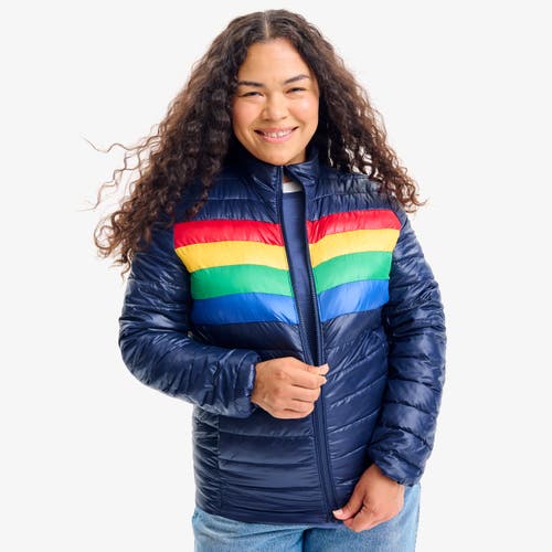 Primary Grown-ups Puffer Jacket In Stripe In Navy Bold Rainbow