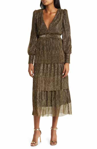 WAYF Plunge Neck Long Sleeve Metallic Lam Dress Nordstrom