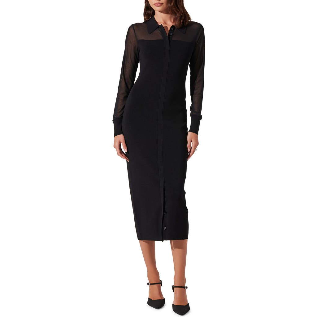 Astr The Label Mesh Yoke Long Sleeve Shirtdress In Black