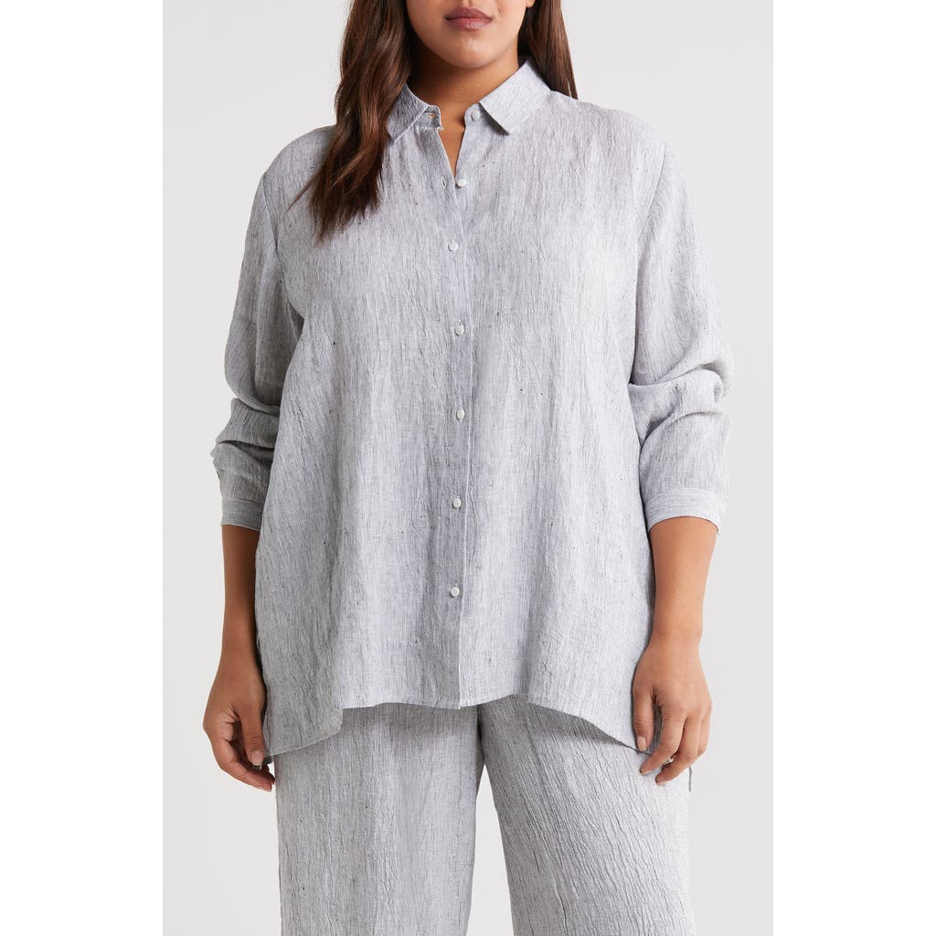 Eileen Fisher Classic Stripe Organic Linen Button-up Shirt In White/black