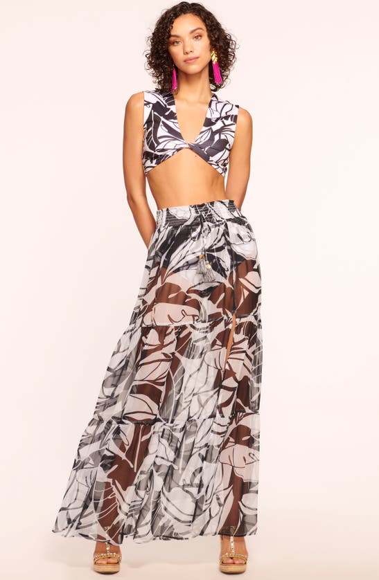 Shop Ramy Brook Cecelia Semisheer Cover-up Maxi Skirt In Black/ White Exotic Palm Print
