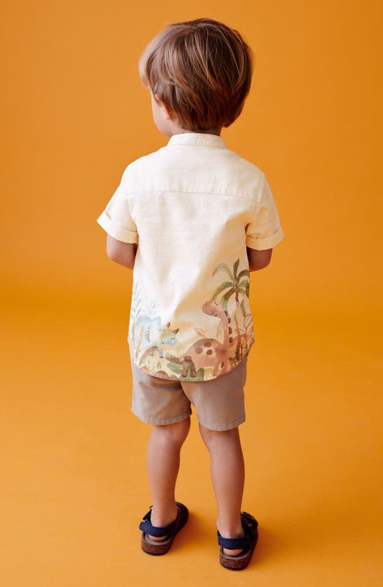 Shop Next Kids' Dinosaur Print Short Sleeve Cotton & Linen Button-up Shirt In Natural