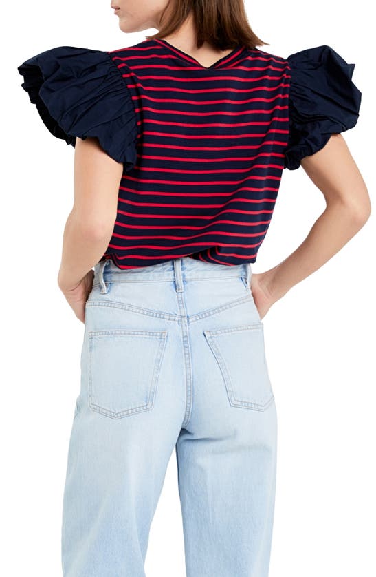 Shop English Factory Mixed Media Stripe Ruffle Sleeve Top In Navy/ Red