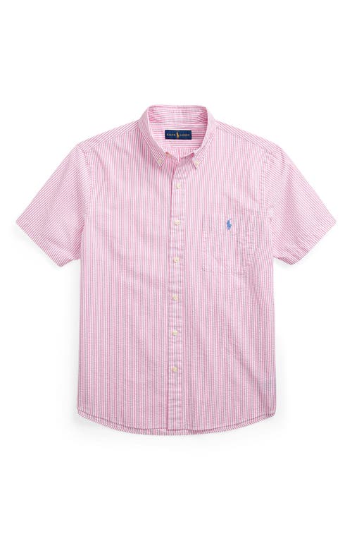 Shop Polo Ralph Lauren Stripe Seersucker Short Sleeve Button-down Shirt In Rose/white