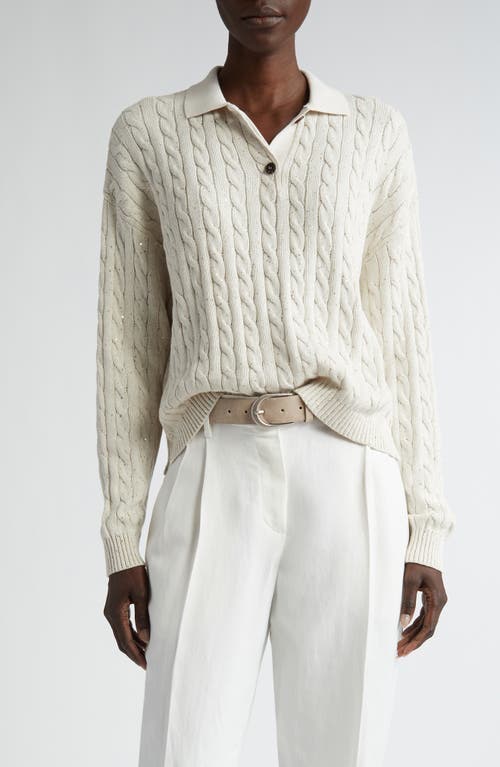 Brunello Cucinelli Sequin Cable Knit Polo Sweater Oat at Nordstrom,
