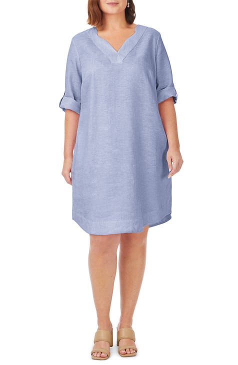 Harmony Roll-Tab Sleeve Linen Shift Dress (Plus Size)