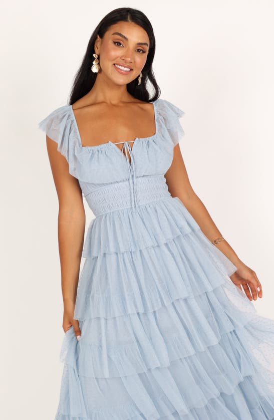 Shop Petal And Pup Petal & Pup Belle Swiss Dot Tulle Tiered Maxi Dress In Blue