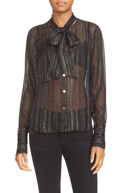 Shop Frame Tie Neck Metallic Stripe Silk Blouse In Noir Lurex Stripe