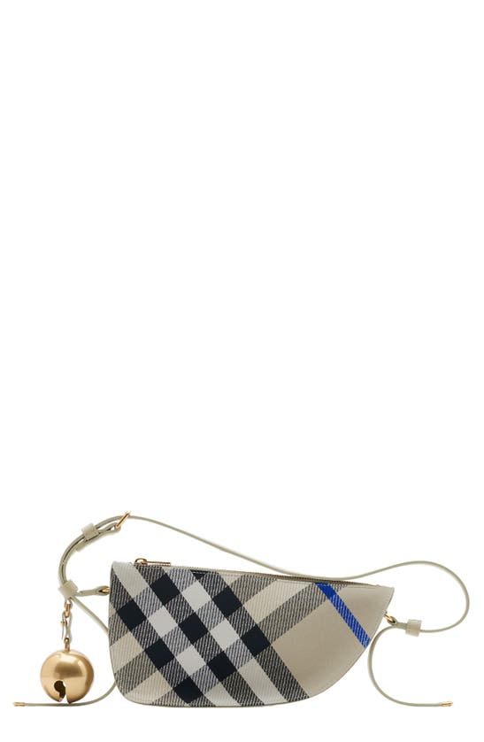 Shop Burberry Mini Shield Check Jacquard Sling Bag In Lichen