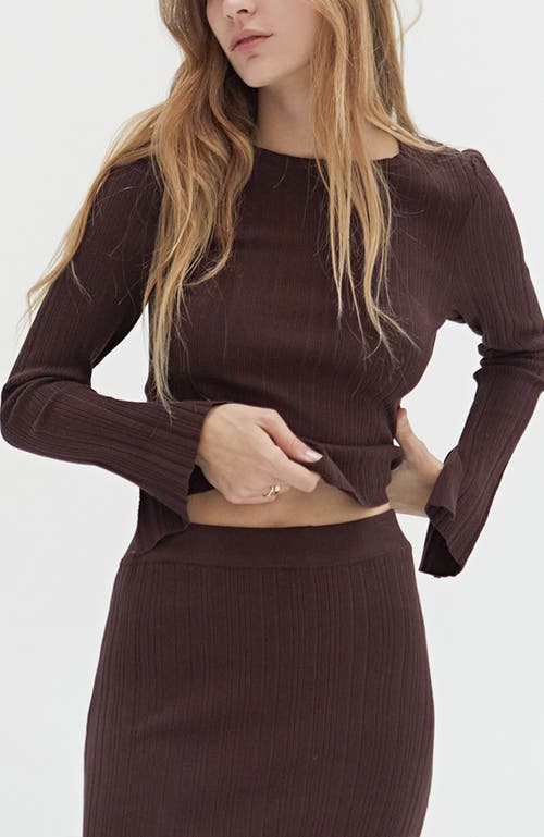 Shop Crescent Bell Sleeve Ribbed Knit Top In Espresso