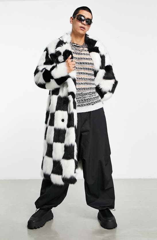 ASOS DESIGN CHECKER FAUX FUR COAT 