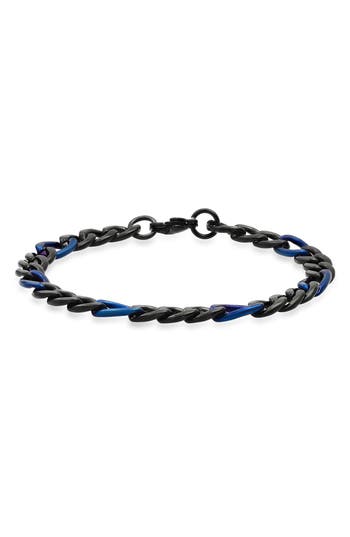 Shop Hmy Jewelry 18k Gold Plated Stainless Steel Two-tone Figaro Chain Bracelet In Black/blue