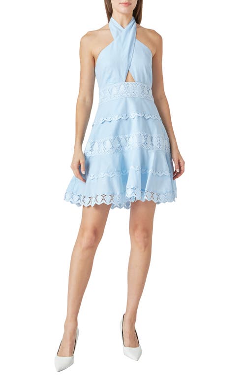 Shop Endless Rose Halter Lace Trim Cotton & Linen Minidress In Powder Blue