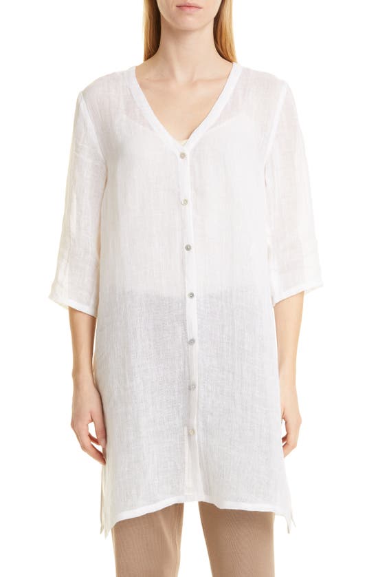 EILEEN FISHER LONGLINE V-NECK ORGANIC LINEN SHIRT