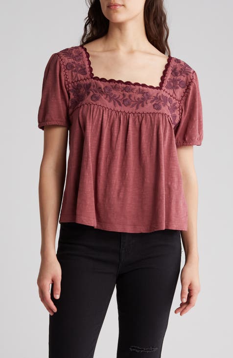 Lucky Brand cotton knit peasant top in burgundy floral. Sz L