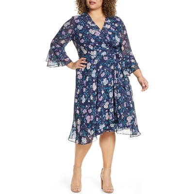 Plus Size Tahari Long Sleeve Faux Wrap Chiffon Dress, Blue