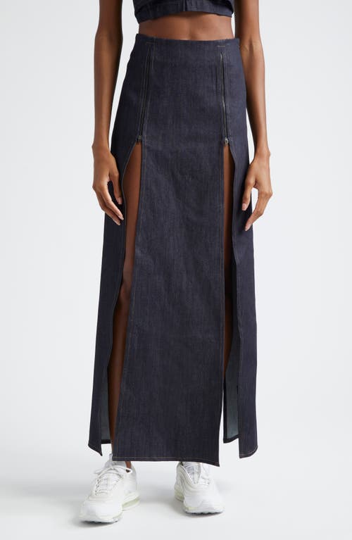 Sammy B Paneled Zip Front Denim Maxi Sirt In Blue