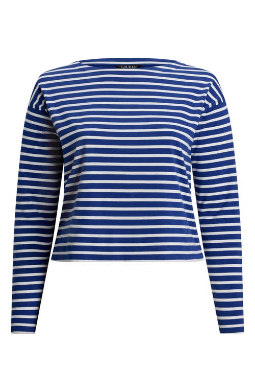 Ralph Lauren Lauren  Stripe Cotton Boat Neck T-shirt In New Sapphire/white