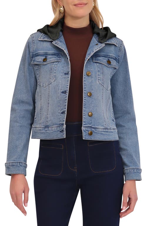 Bagatelle Denim Trucker Jacket With Removable Hood In Sky Wash