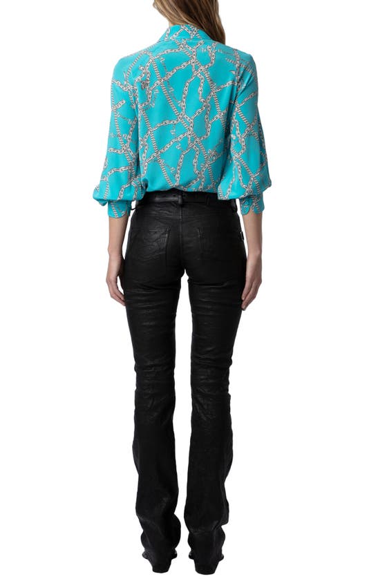 Shop Zadig & Voltaire Tuile Chain Print Balloon Sleeve Silk Top In Aqua