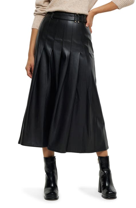 Pleated Faux Leather Midi Skirt