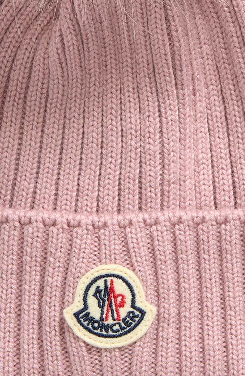 Shop Moncler Kids' Merino Wool Rib Beanie With Faux Fur Pompom In Rose Pink