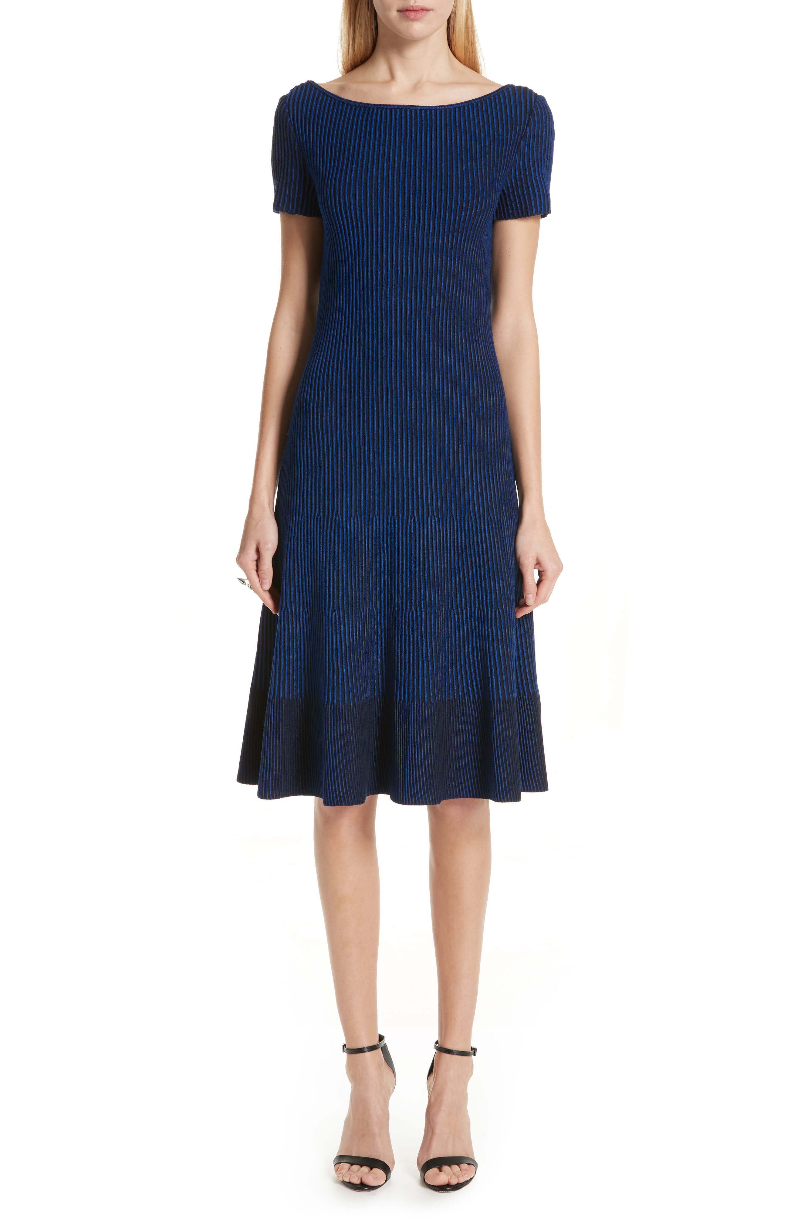 St. John Collection Ottoman Fit & Flare Sweater Dress, Blue