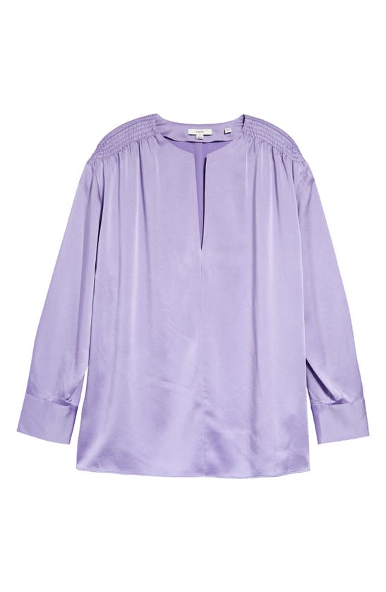 Vince Smocked Shoulder Long Sleeve Satin Blouse In Lily Stone