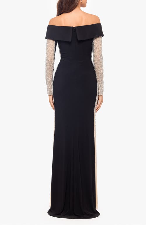 Shop Xscape Evenings Beaded Long Sleeve Off The Shoulder Jersey Gown In Black/beige/silver