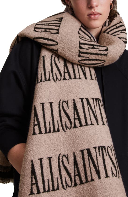 Allsaints Varsity Woven Wool Blend Scarf In Blush Black