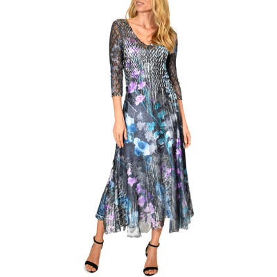 Komarov Lace Sleeve Charmeuse Midi Dress, Blue