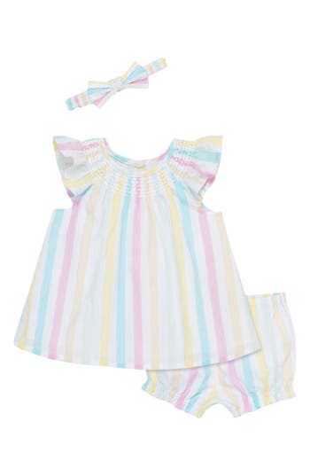 Little Me Babies'  Smocked Stripe Dress, Bloomers & Headband Set In Multi