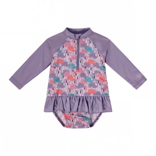 Uv Skinz Long Sleeve Ruffled Swim Suit In Fancy Flamingos