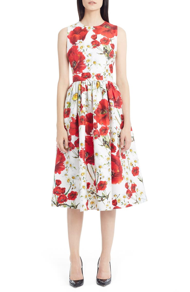 Dolce&Gabbana Poppy & Daisy Print Cotton & Silk Dress | Nordstrom