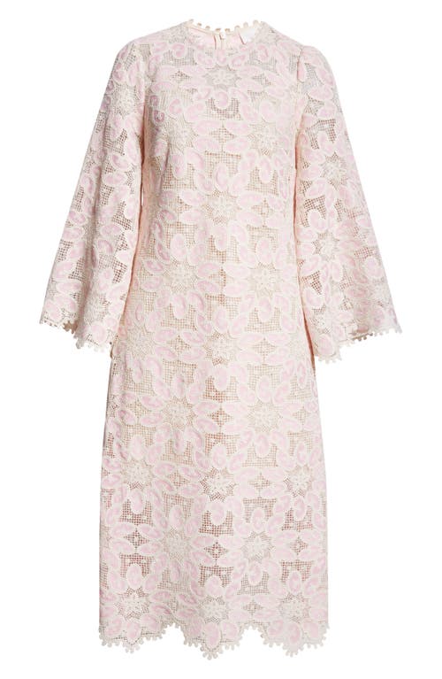 Shop Zimmermann Ottie Long Sleeve Guipure Lace Cotton Blend Midi Dress In Cream/pink