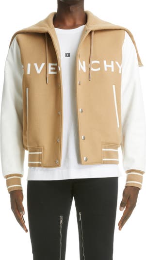 Givenchy Embroidered Logo Mixed Media Leather & Wool Blend Varsity Jacket  in Blue for Men