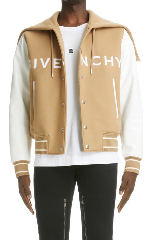 Shop Givenchy Mixed Media Logo Wool Blend Varsity Jacket In White/beige