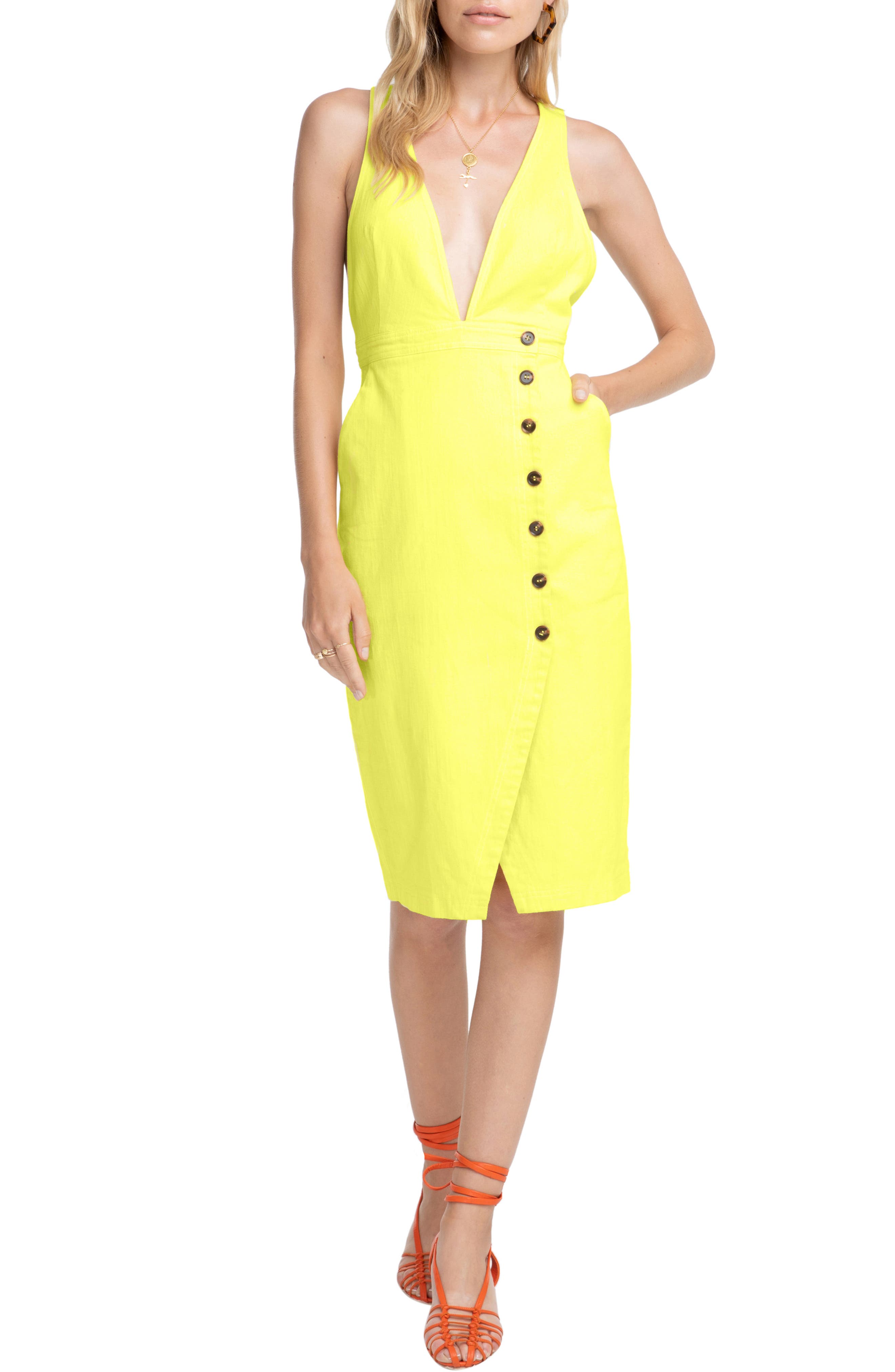 Astr The Label Plunge Neck Button Detail Stretch Cotton Dress, Yellow