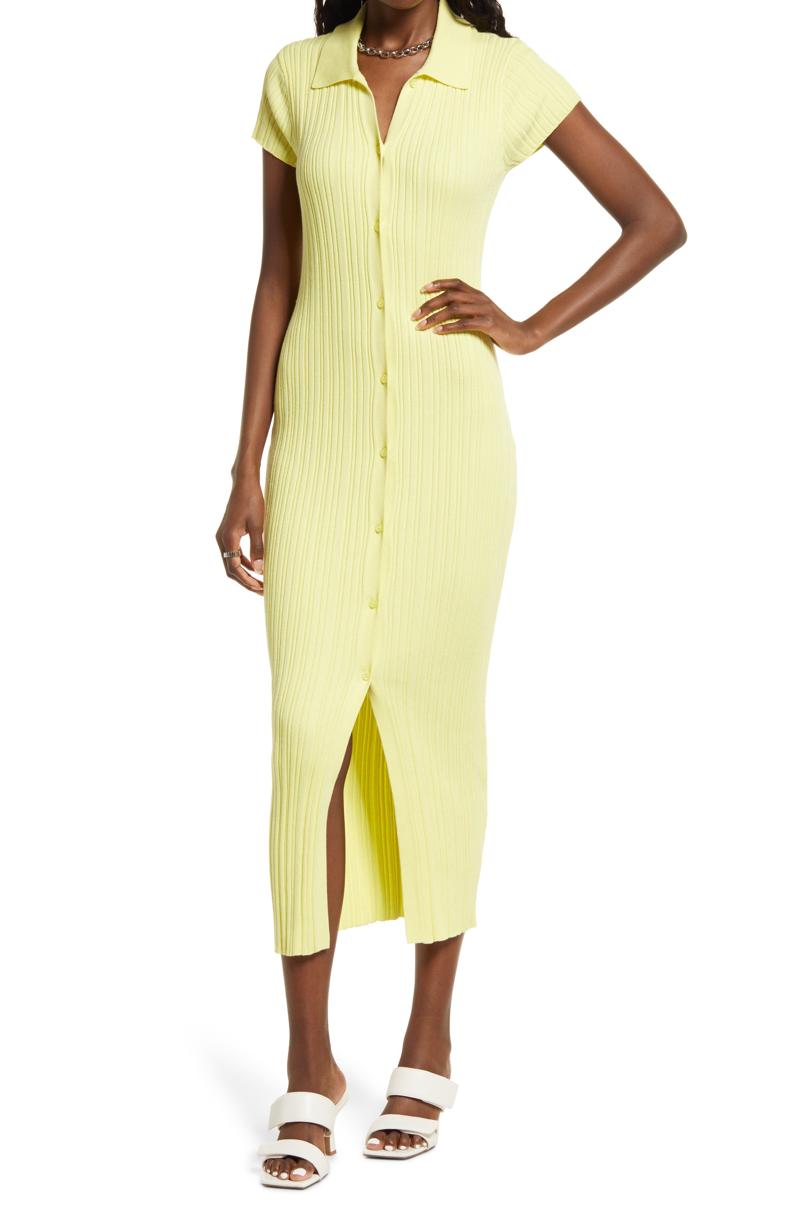 Open Edit Button Front Ribbed Midi Dress in Yellow Elfin at Nordstrom, Size XX-Small