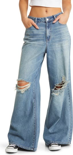 Womens Wide Leg Baggy Jeans Skater Jeans High Waisted Ripped Denim Pants  Women's Jeans Light Blue M