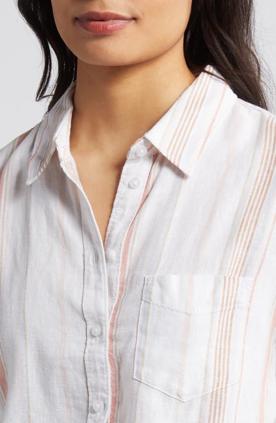 Shop Caslon Linen Blend Camp Shirt In White- Tan Taylor Stripe