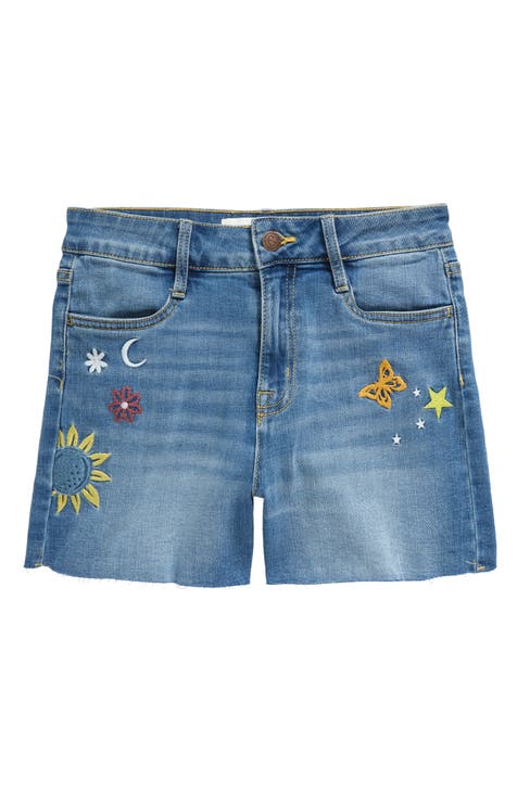 Kids' Embroidered Raw Hem Denim Shorts (Big Kid)