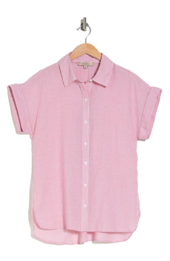 Casa Cabana Sammie Dobby Stripe Short Sleeve Button-up Tunic Shirt In Rose Clay